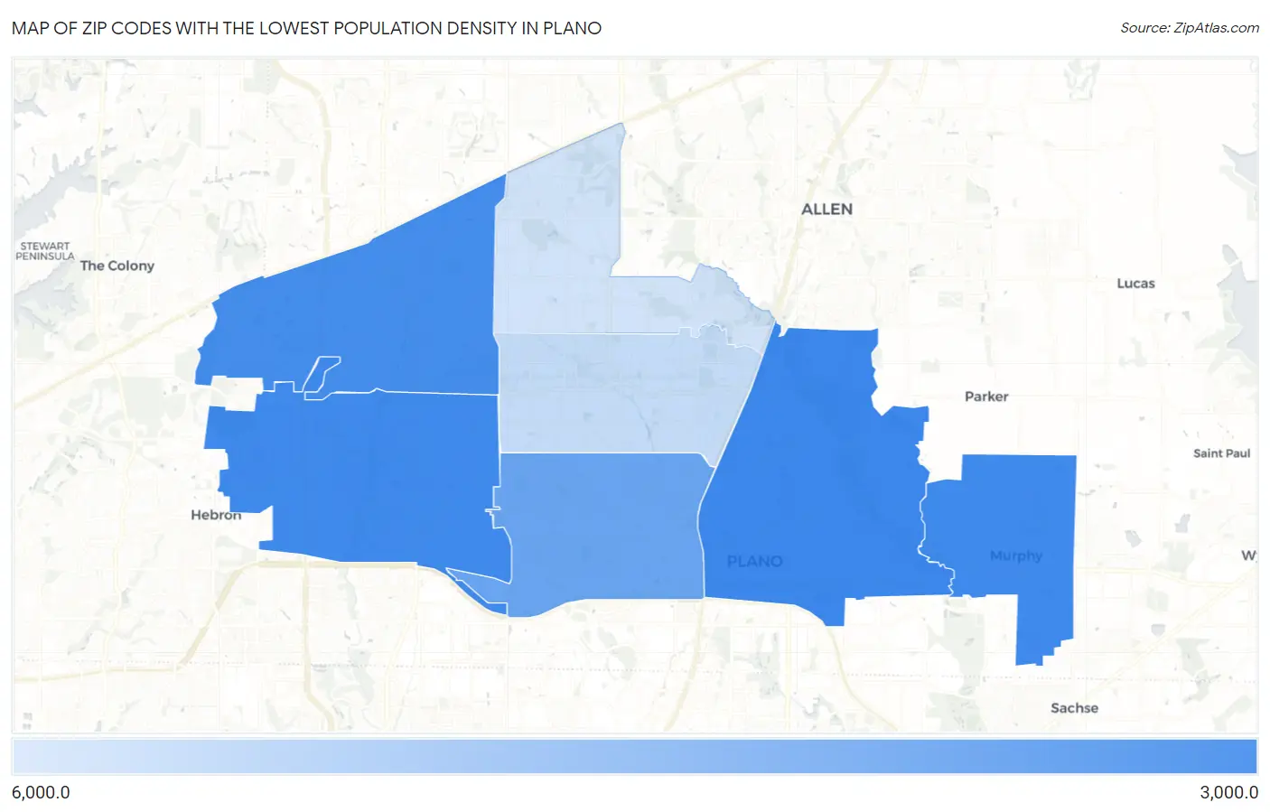 Zip Codes with the Lowest Population Density in Plano Map