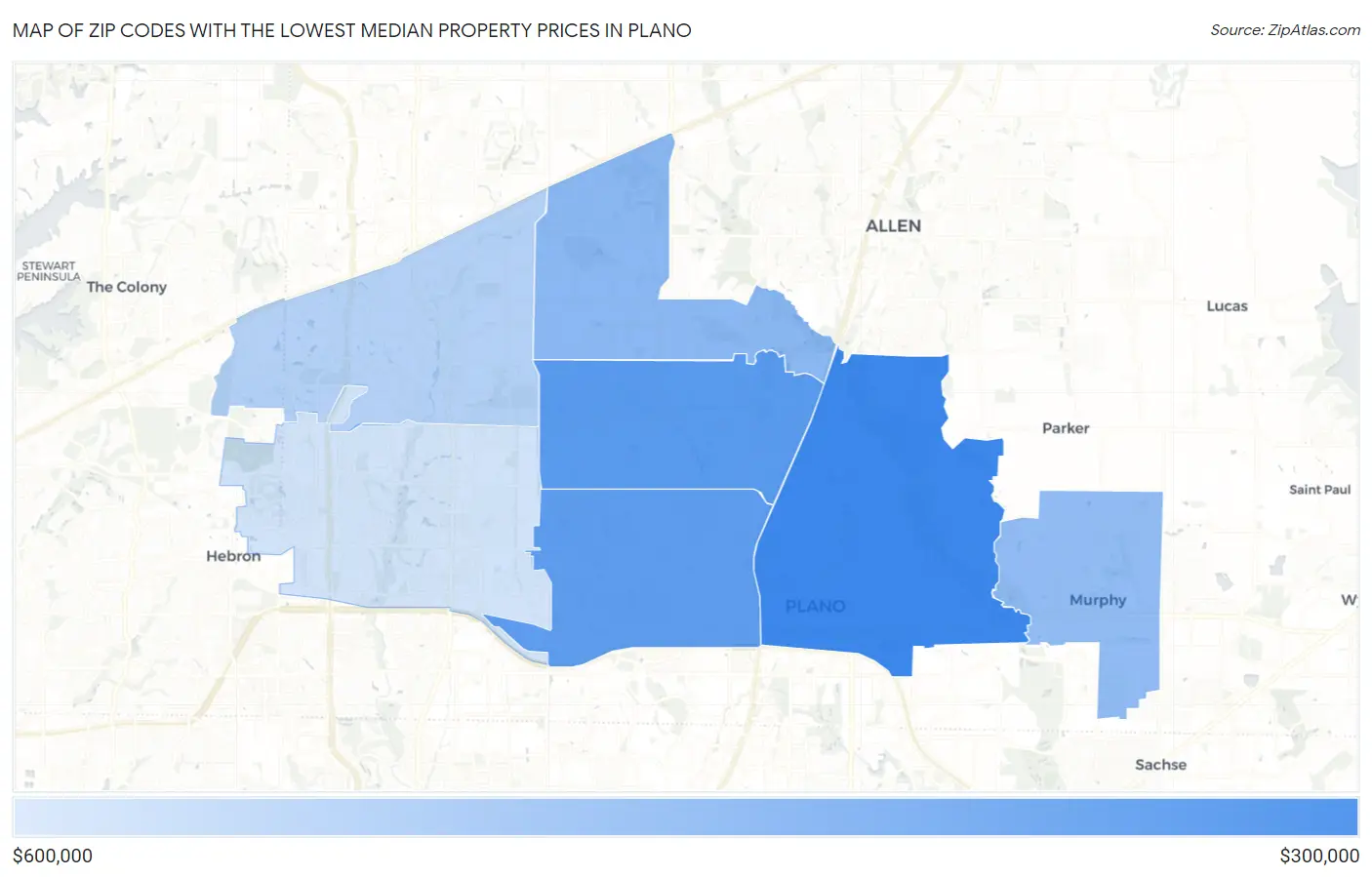 Zip Codes with the Lowest Median Property Prices in Plano Map