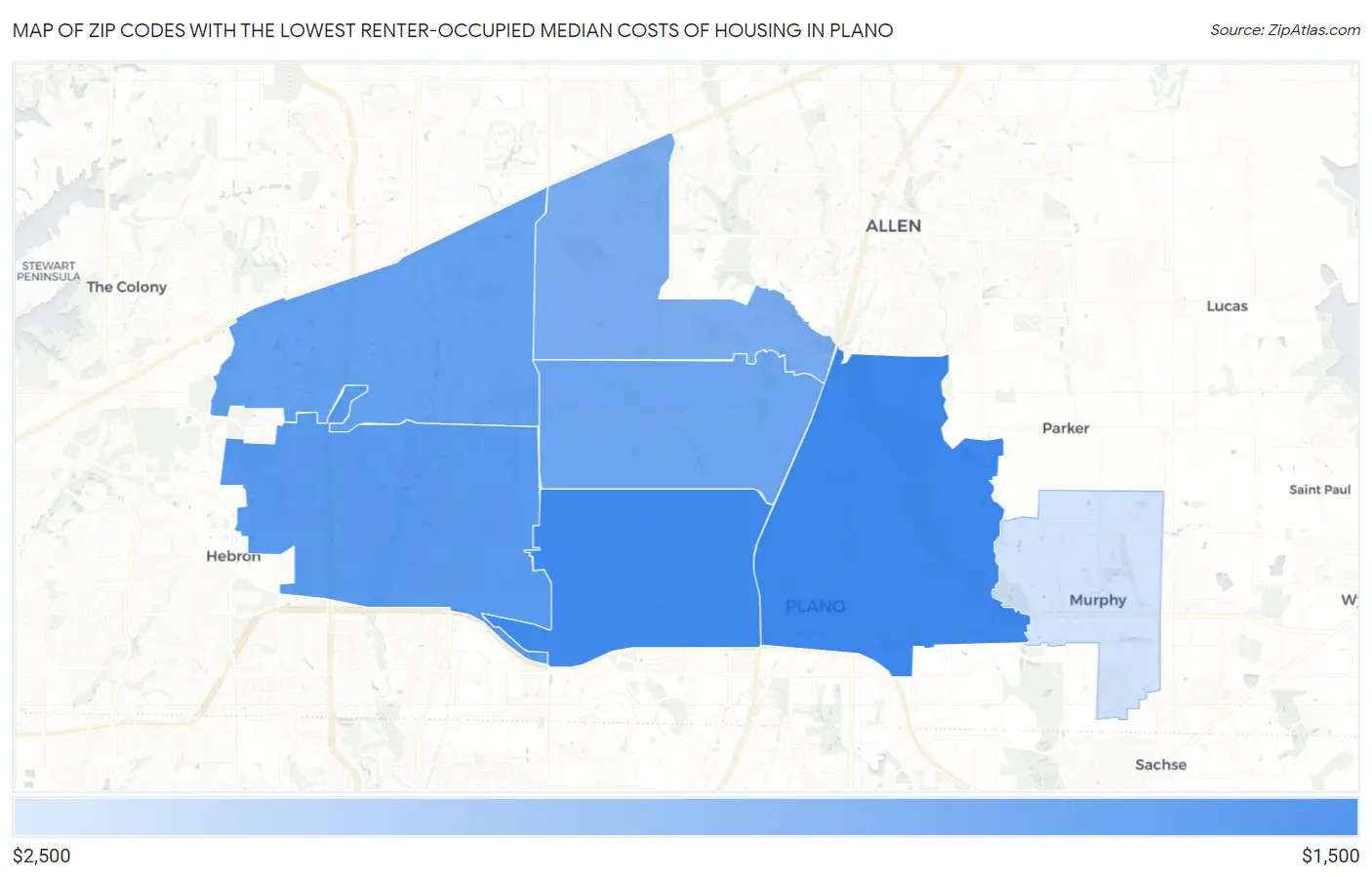 Zip Codes with the Lowest Renter-Occupied Median Costs of Housing in Plano Map