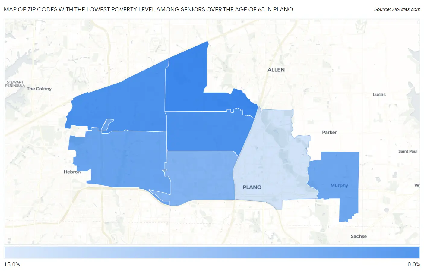 Zip Codes with the Lowest Poverty Level Among Seniors Over the Age of 65 in Plano Map