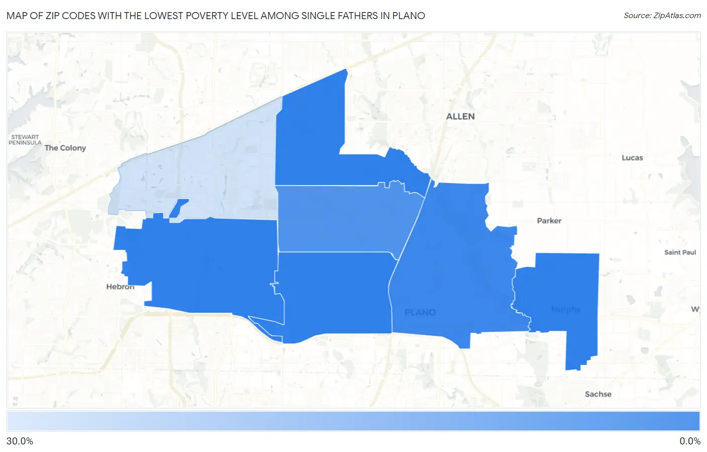 Zip Codes with the Lowest Poverty Level Among Single Fathers in Plano Map