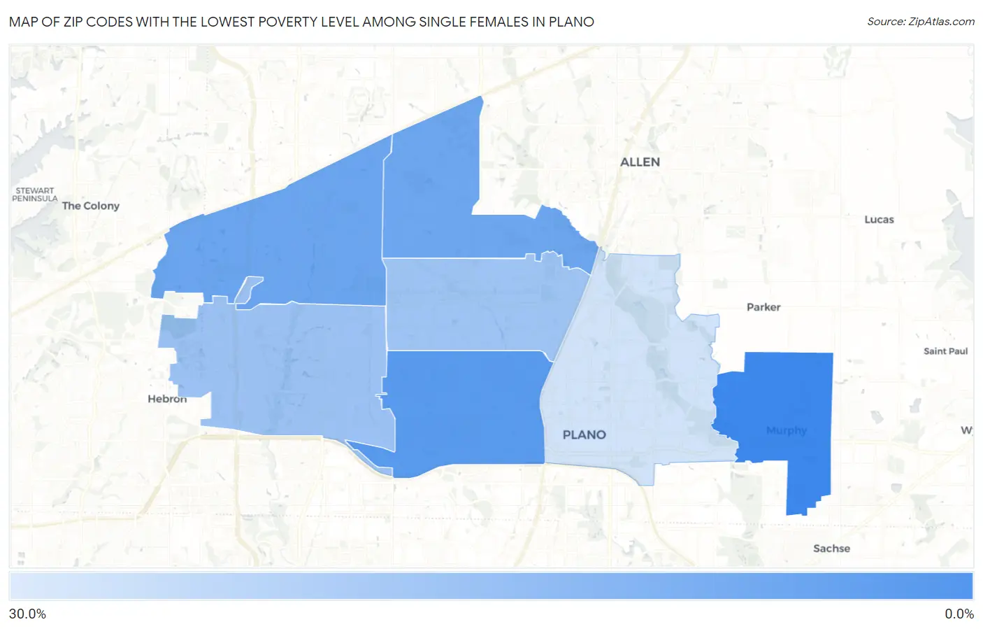 Zip Codes with the Lowest Poverty Level Among Single Females in Plano Map