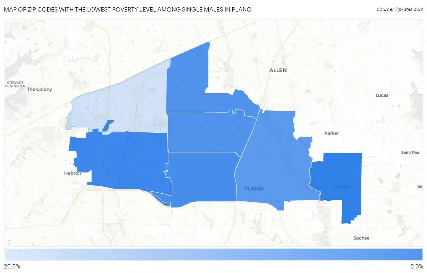 Zip Codes with the Lowest Poverty Level Among Single Males in Plano Map
