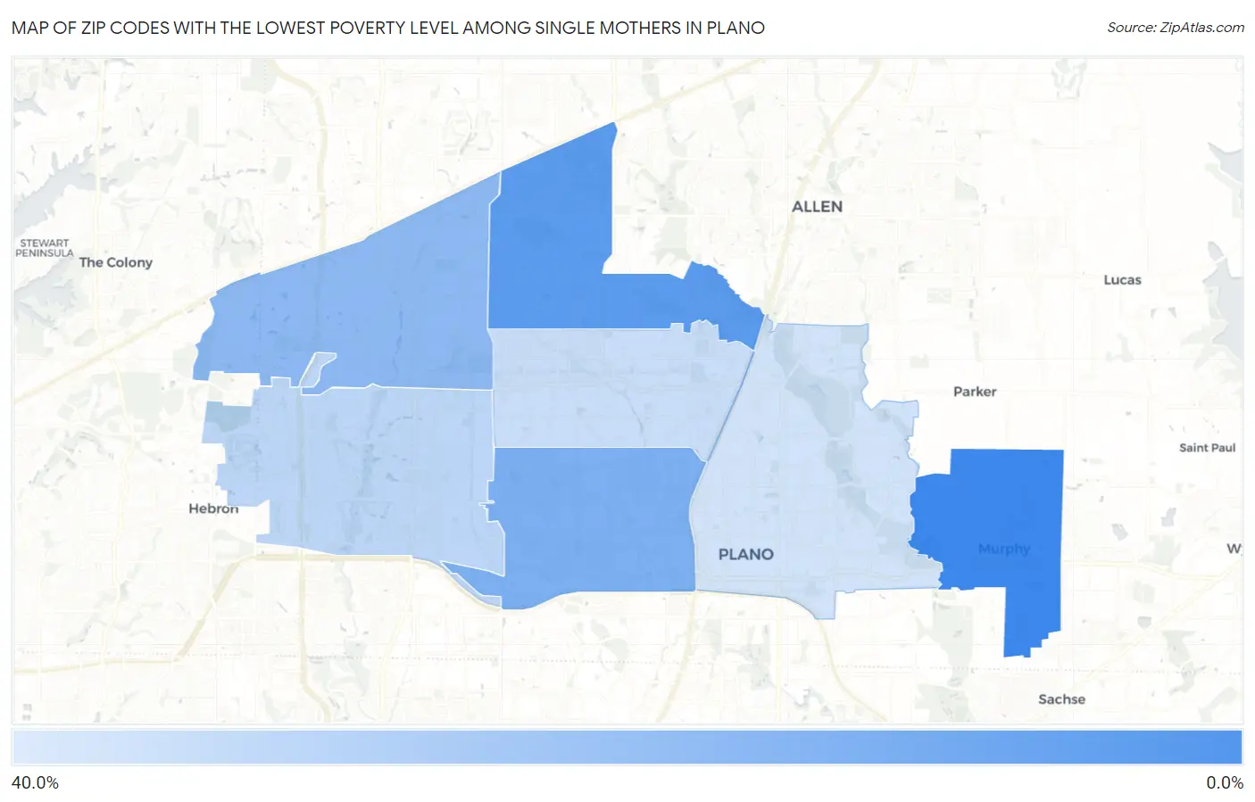 Zip Codes with the Lowest Poverty Level Among Single Mothers in Plano Map
