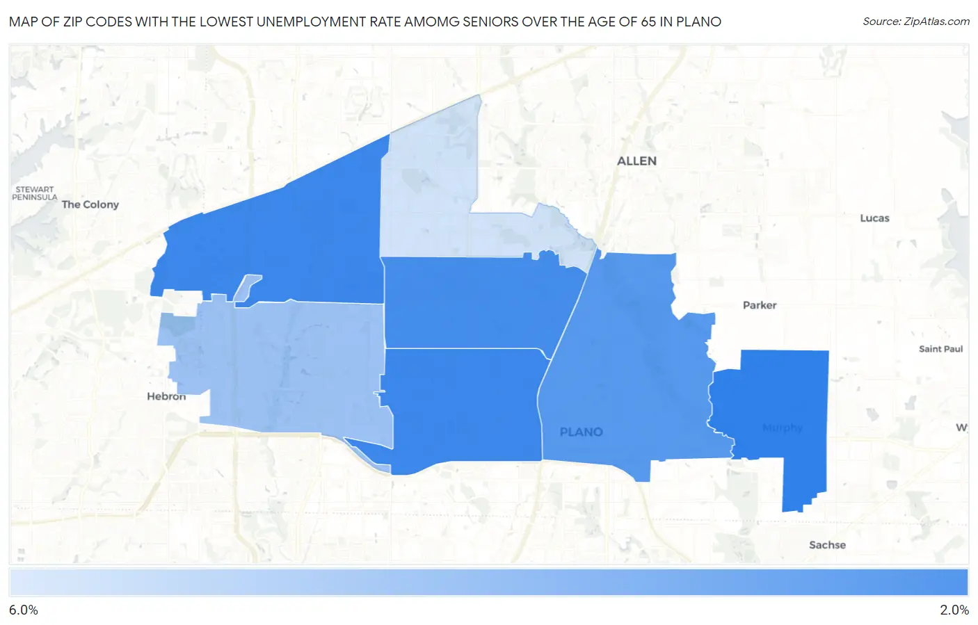Zip Codes with the Lowest Unemployment Rate Amomg Seniors Over the Age of 65 in Plano Map