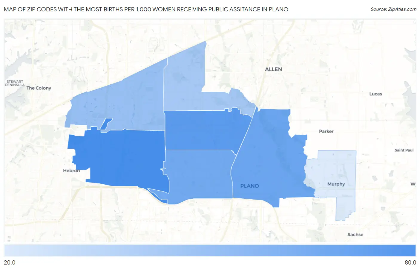Zip Codes with the Most Births per 1,000 Women Receiving Public Assitance in Plano Map