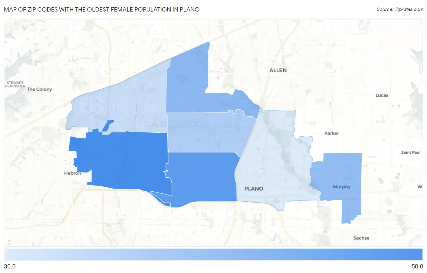 Zip Codes with the Oldest Female Population in Plano Map