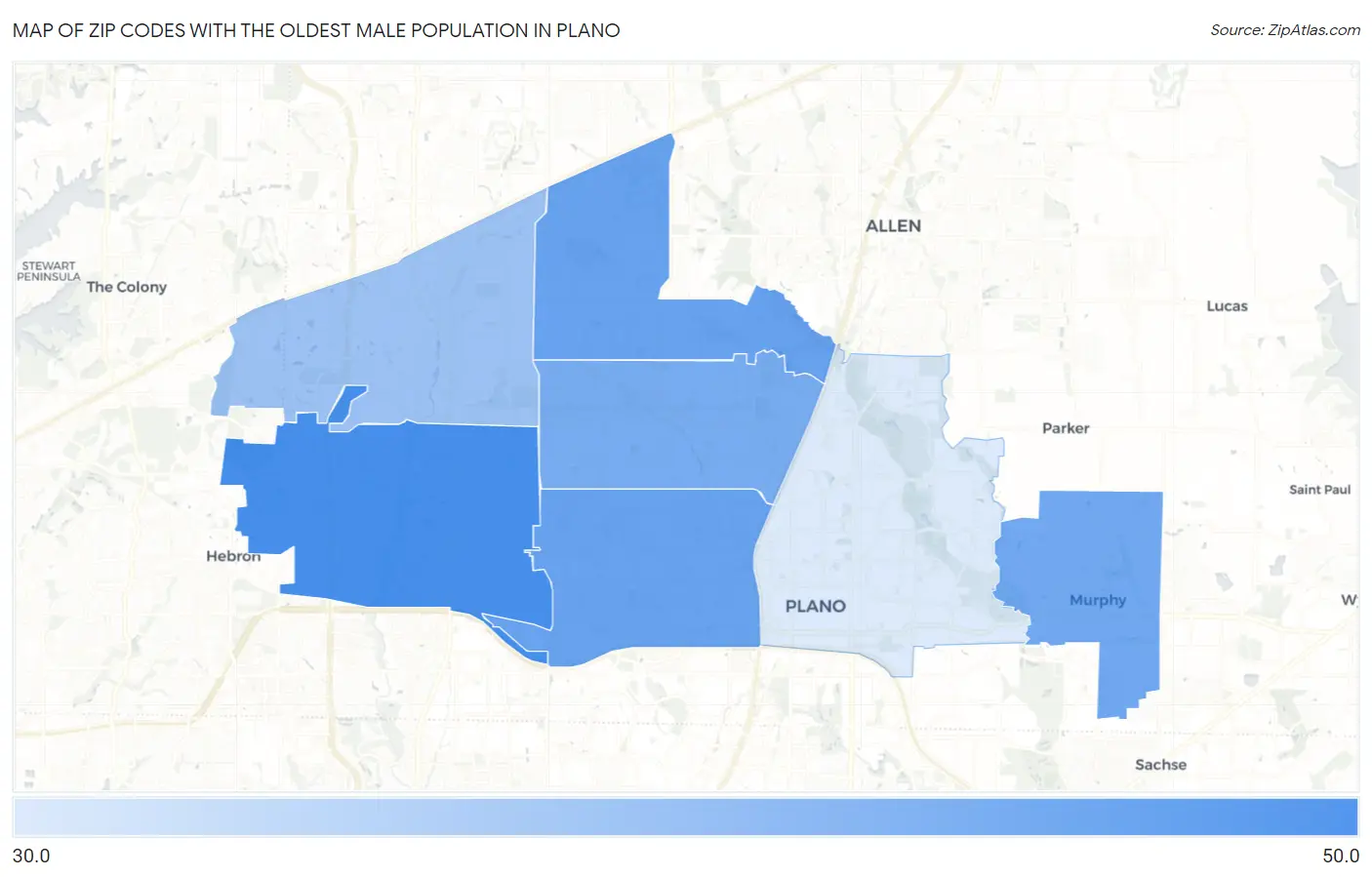Zip Codes with the Oldest Male Population in Plano Map