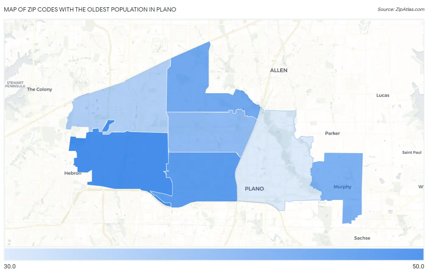 Zip Codes with the Oldest Population in Plano Map
