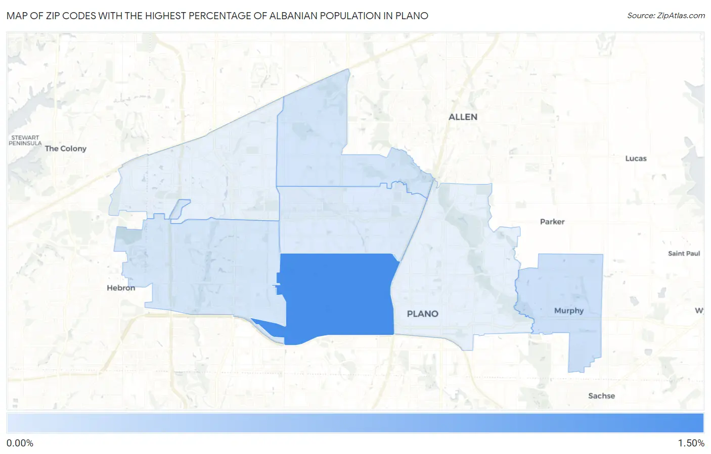 Zip Codes with the Highest Percentage of Albanian Population in Plano Map