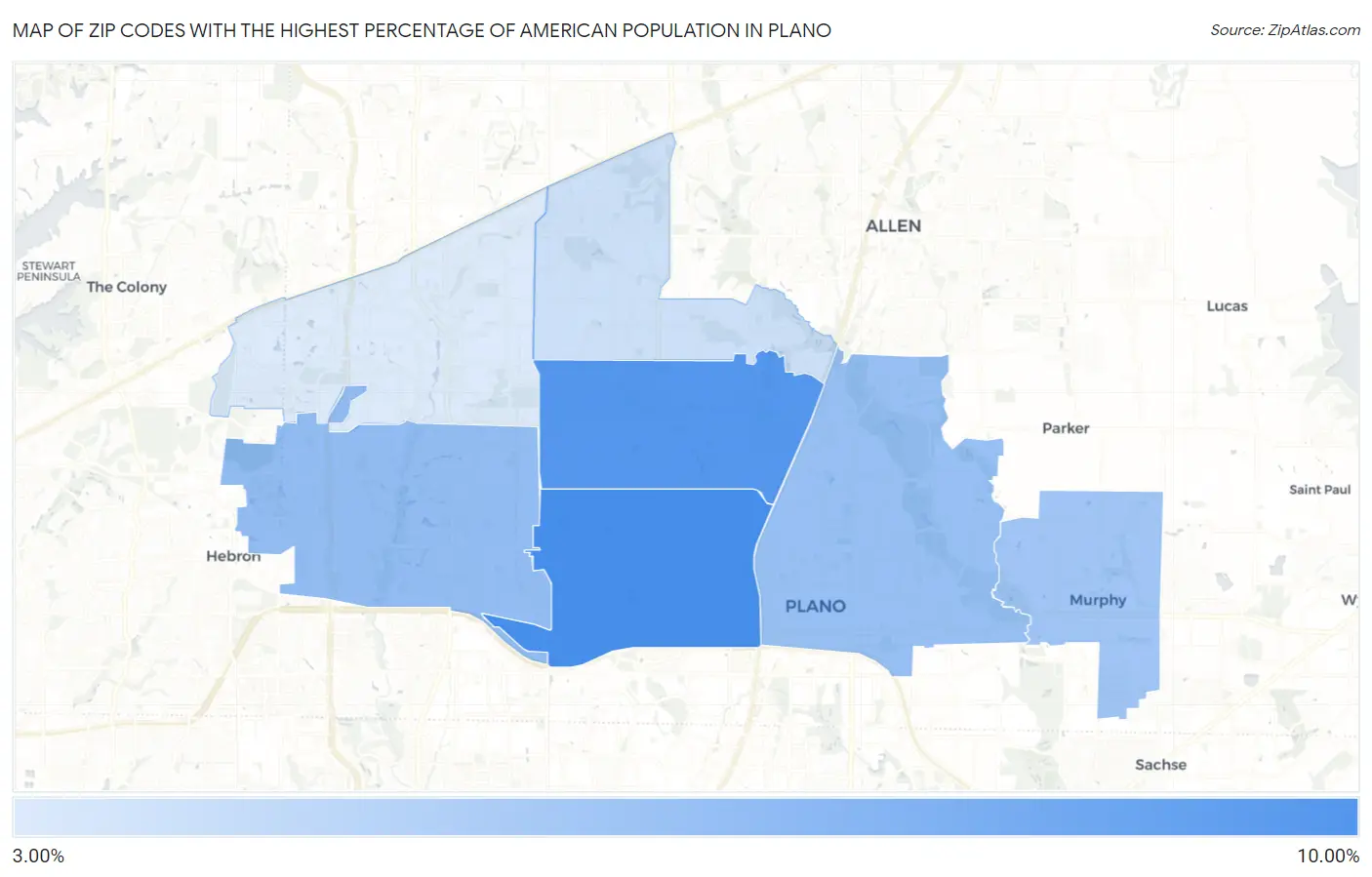 Zip Codes with the Highest Percentage of American Population in Plano Map