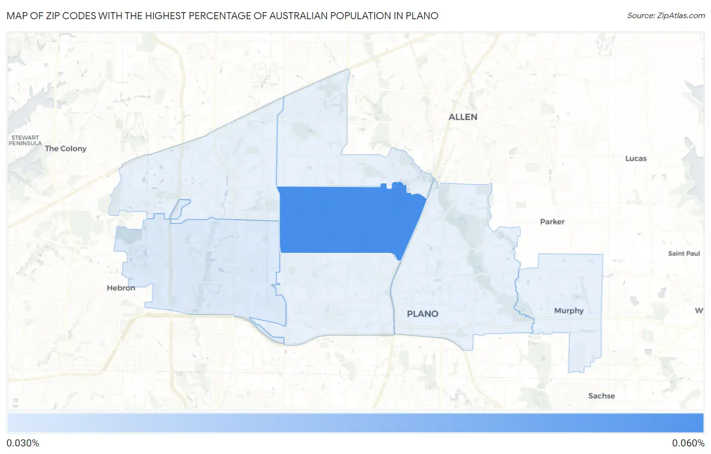 Zip Codes with the Highest Percentage of Australian Population in Plano Map