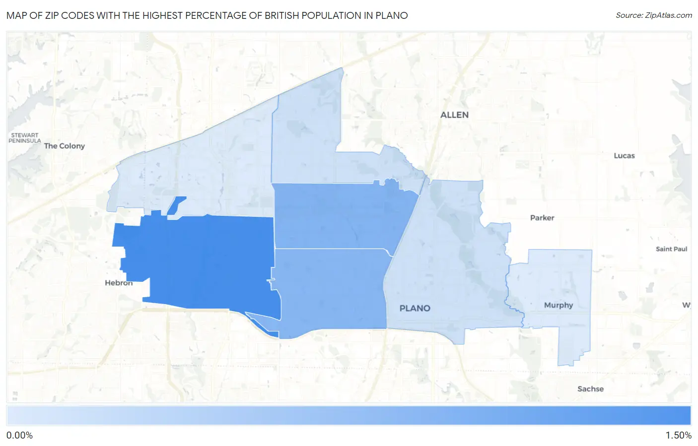 Zip Codes with the Highest Percentage of British Population in Plano Map