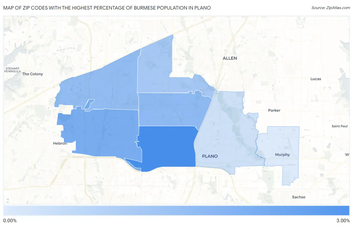 Zip Codes with the Highest Percentage of Burmese Population in Plano Map