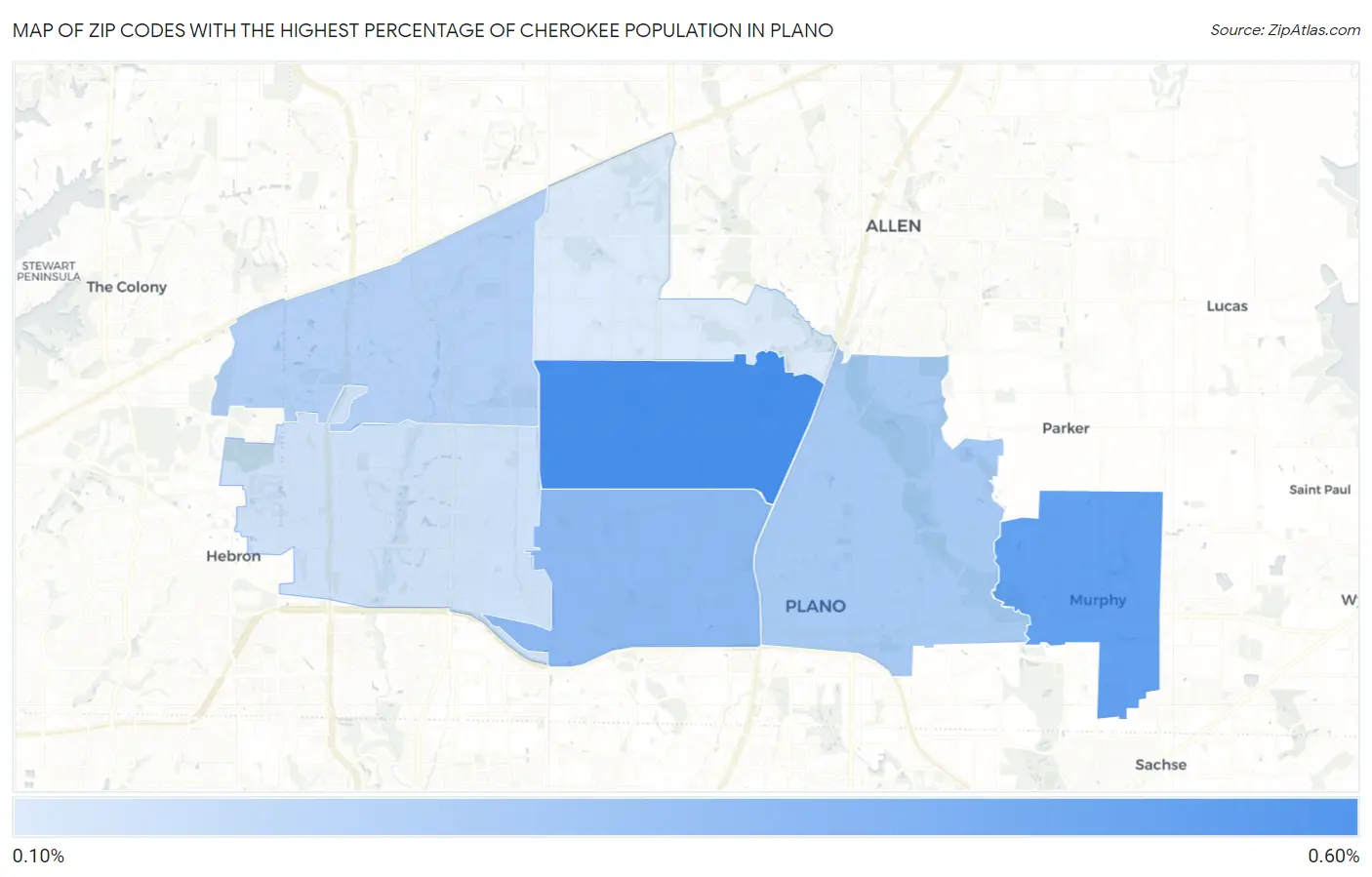 Zip Codes with the Highest Percentage of Cherokee Population in Plano Map