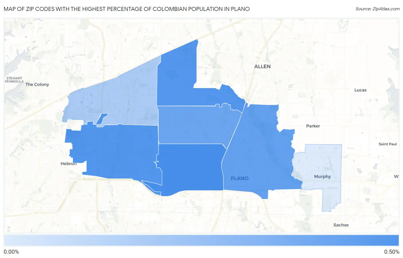 Zip Codes with the Highest Percentage of Colombian Population in Plano Map