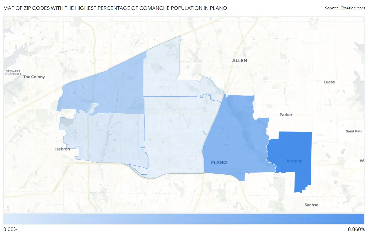 Zip Codes with the Highest Percentage of Comanche Population in Plano Map