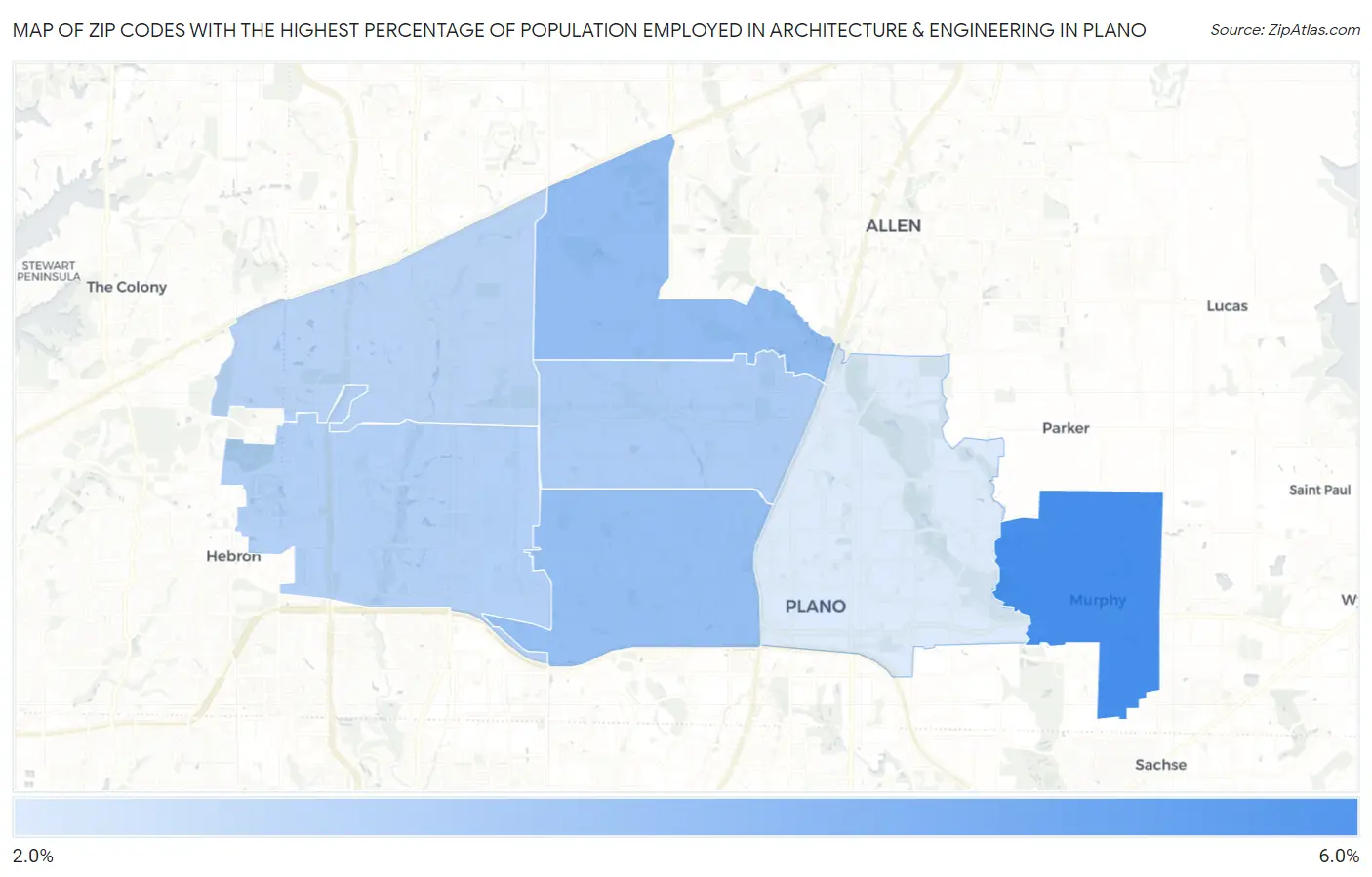 Zip Codes with the Highest Percentage of Population Employed in Architecture & Engineering in Plano Map