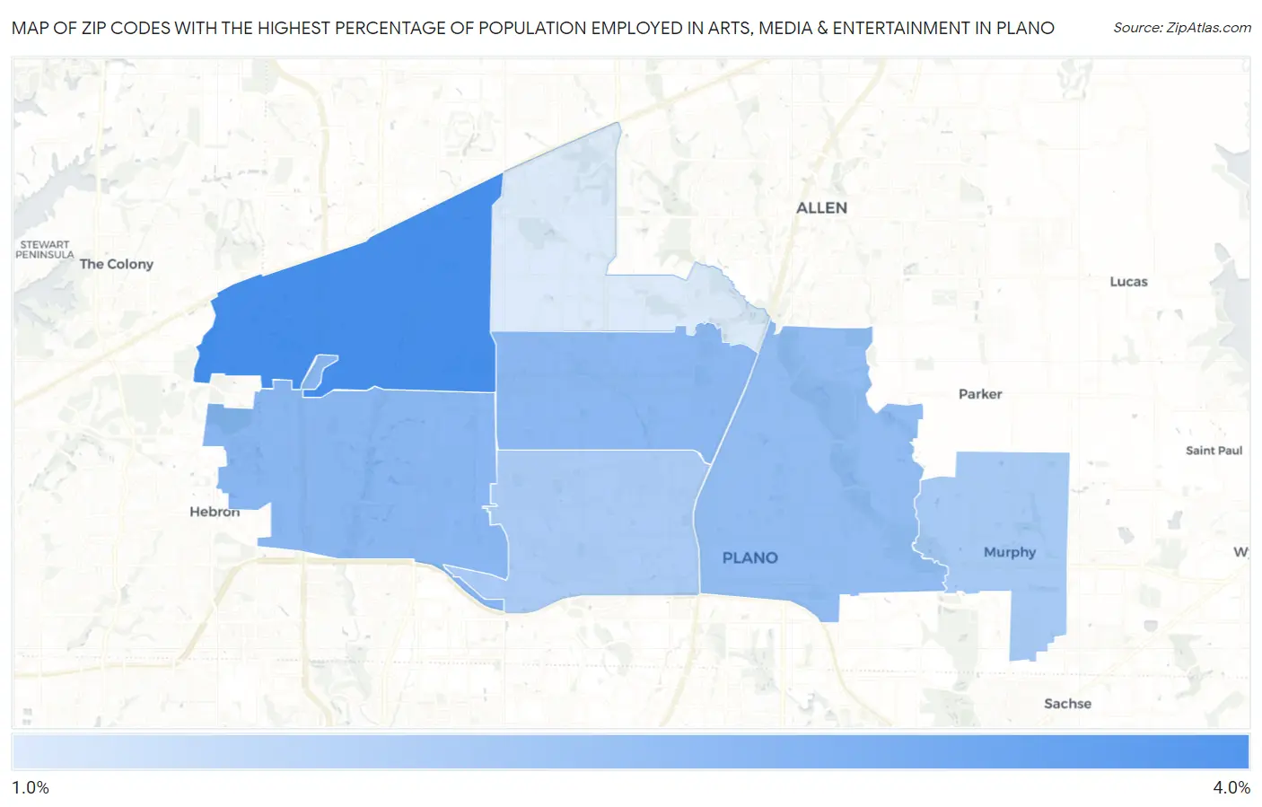 Zip Codes with the Highest Percentage of Population Employed in Arts, Media & Entertainment in Plano Map