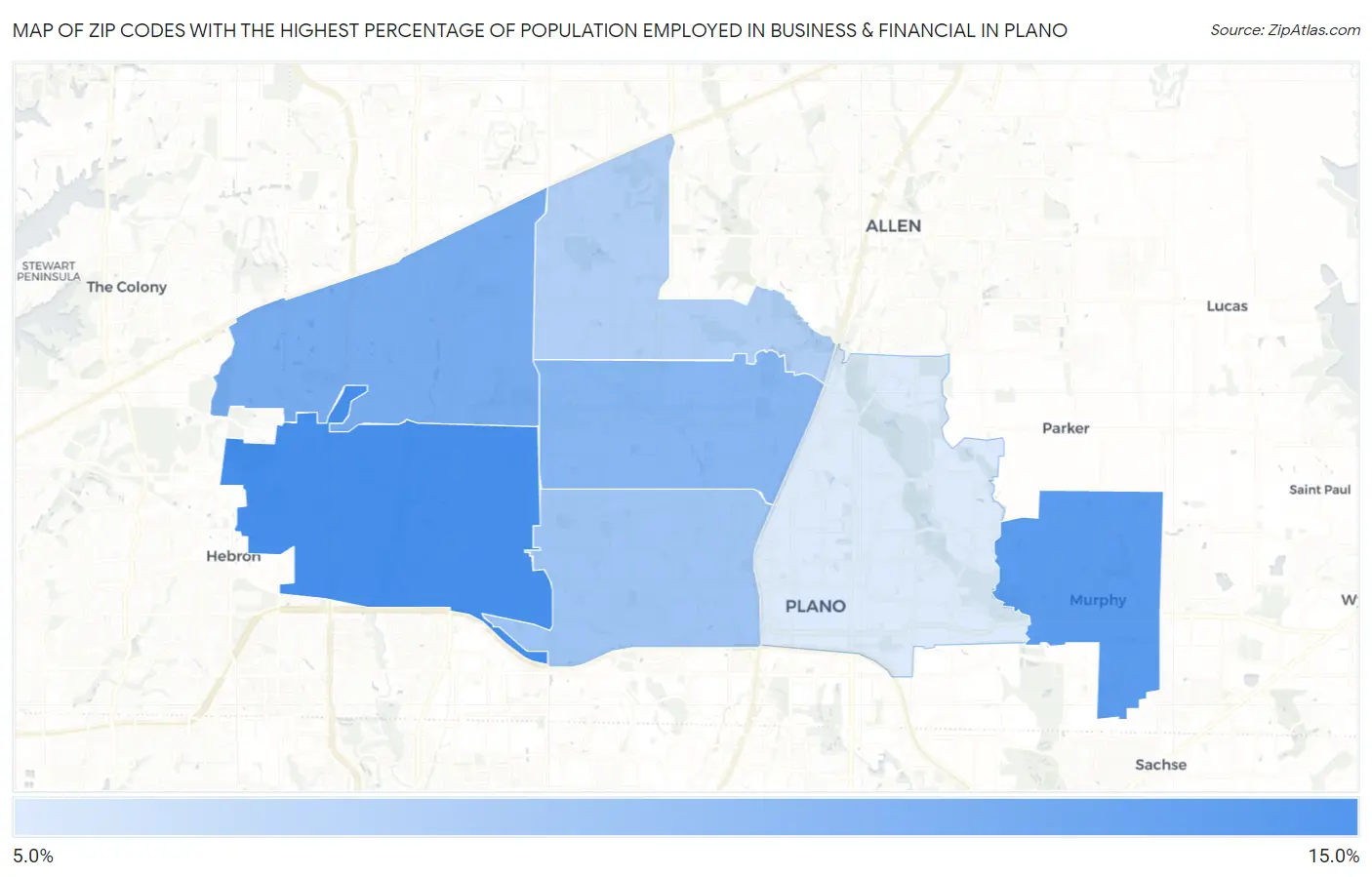 Zip Codes with the Highest Percentage of Population Employed in Business & Financial in Plano Map