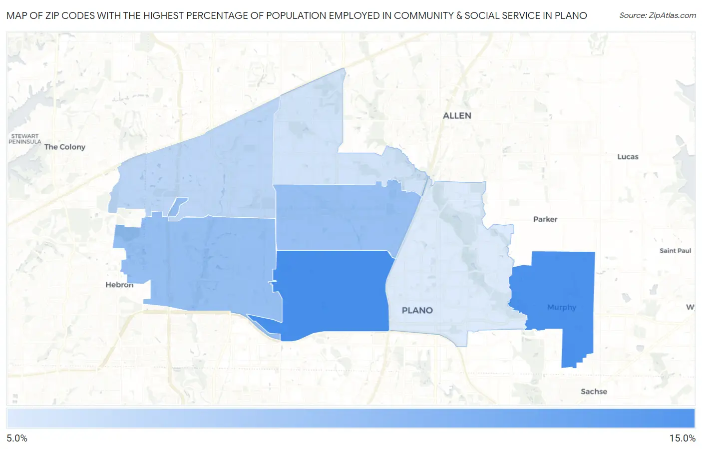 Zip Codes with the Highest Percentage of Population Employed in Community & Social Service  in Plano Map