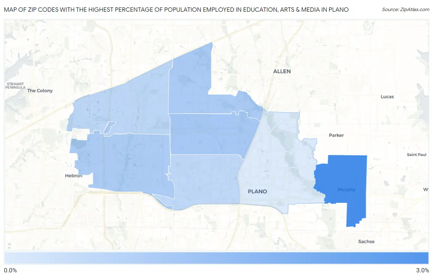 Zip Codes with the Highest Percentage of Population Employed in Education, Arts & Media in Plano Map