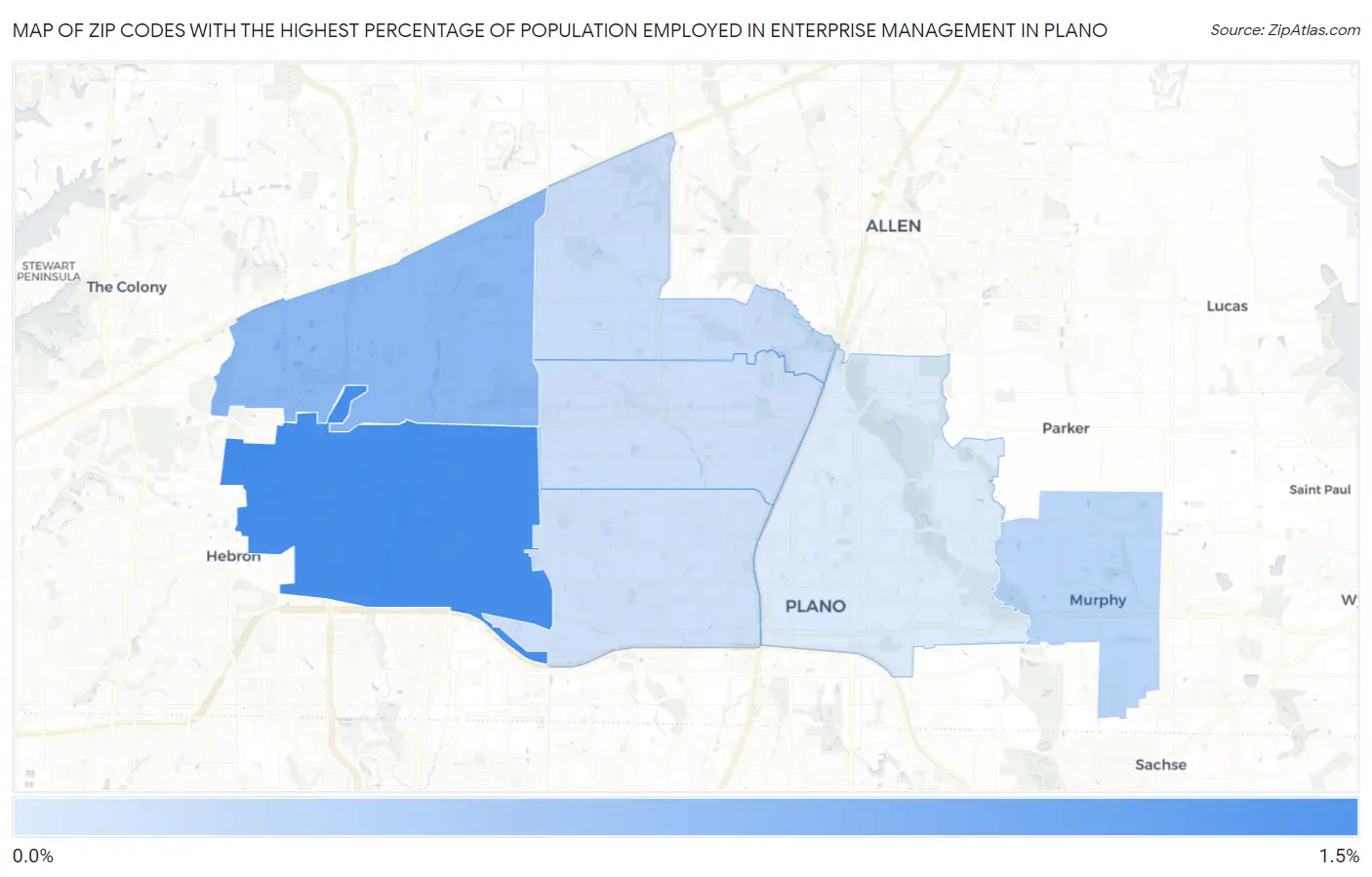 Zip Codes with the Highest Percentage of Population Employed in Enterprise Management in Plano Map