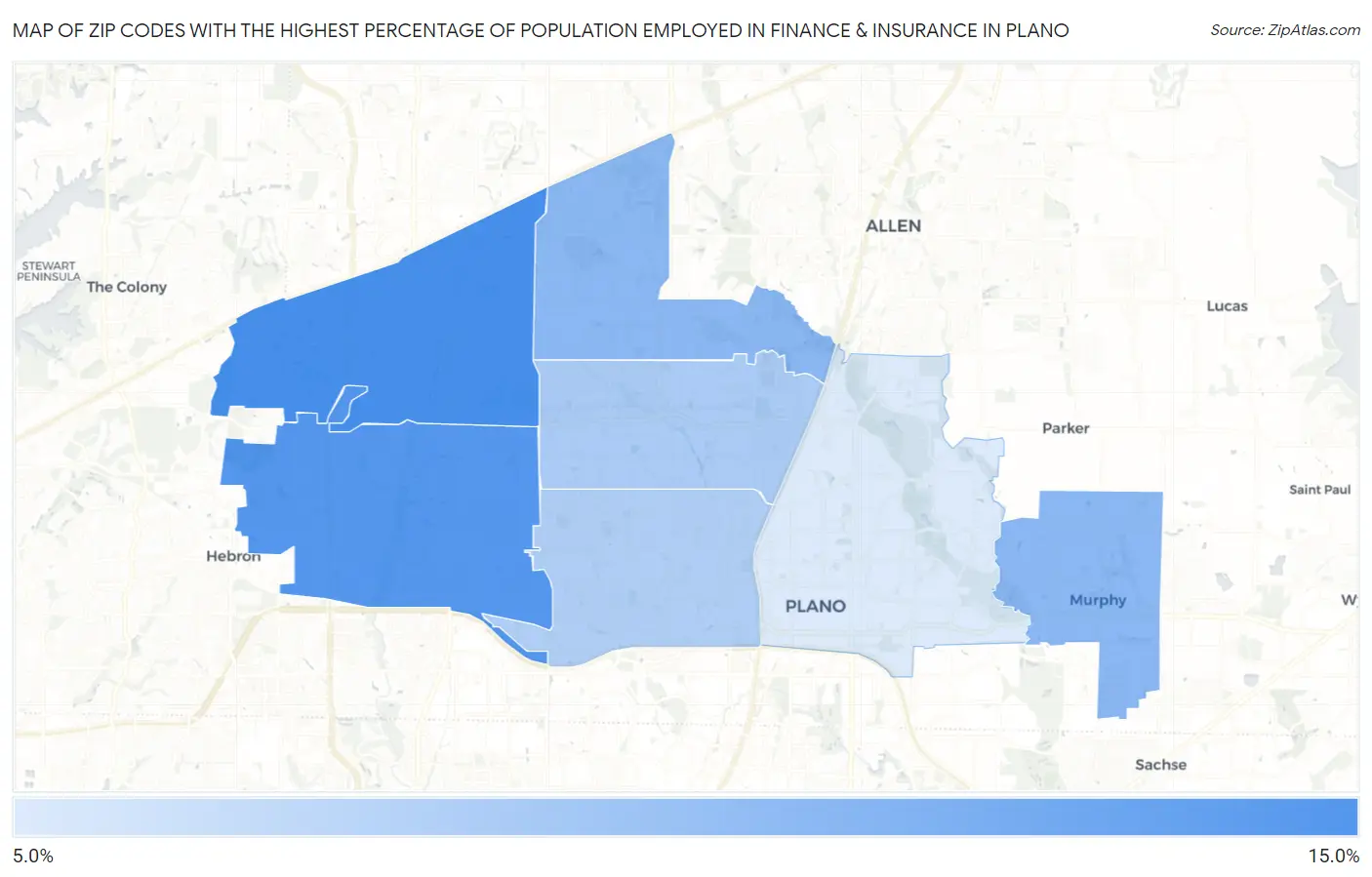 Zip Codes with the Highest Percentage of Population Employed in Finance & Insurance in Plano Map