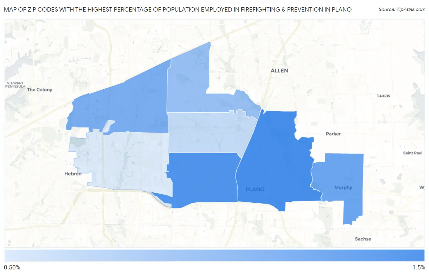 Zip Codes with the Highest Percentage of Population Employed in Firefighting & Prevention in Plano Map