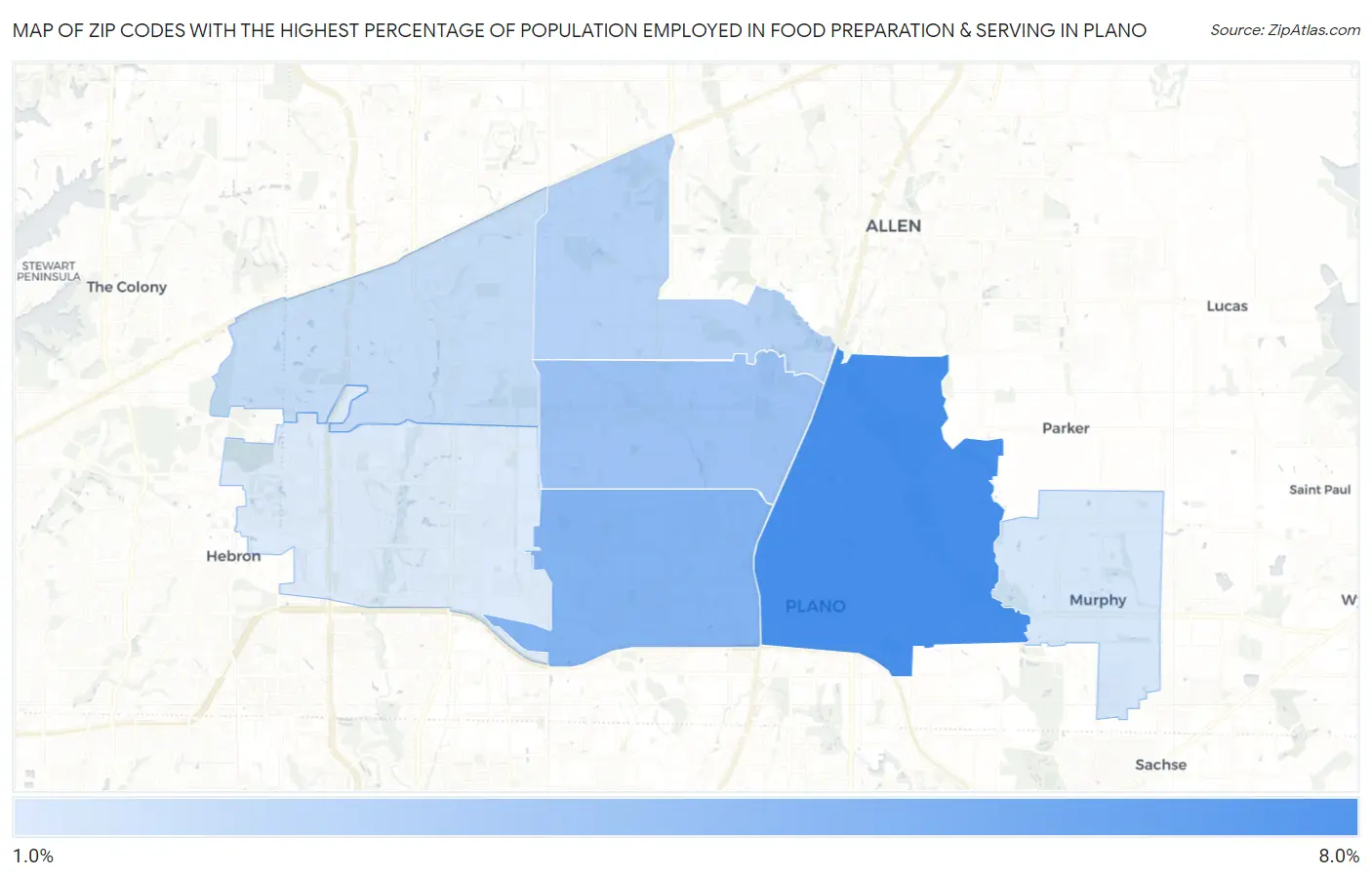 Zip Codes with the Highest Percentage of Population Employed in Food Preparation & Serving in Plano Map
