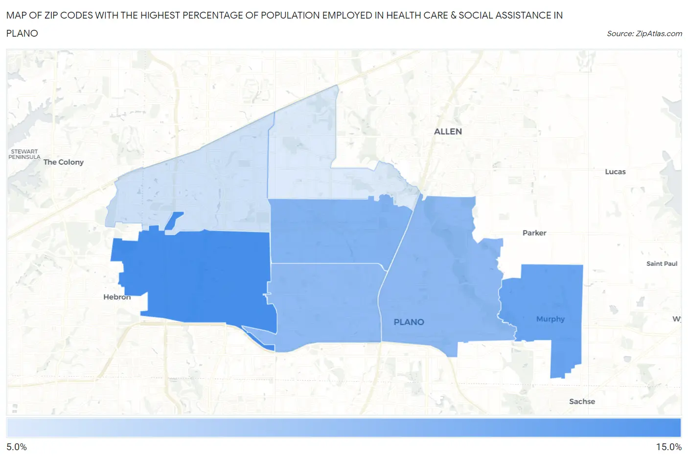 Zip Codes with the Highest Percentage of Population Employed in Health Care & Social Assistance in Plano Map