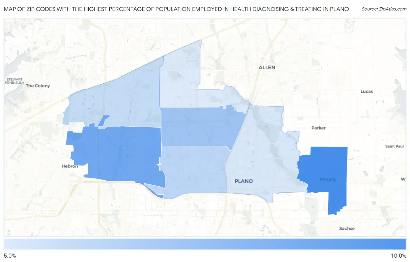 Zip Codes with the Highest Percentage of Population Employed in Health Diagnosing & Treating in Plano Map