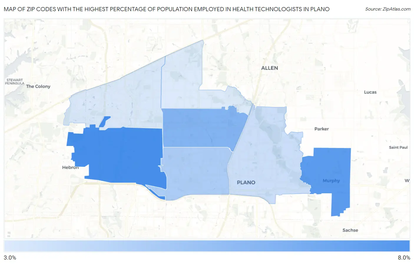 Zip Codes with the Highest Percentage of Population Employed in Health Technologists in Plano Map