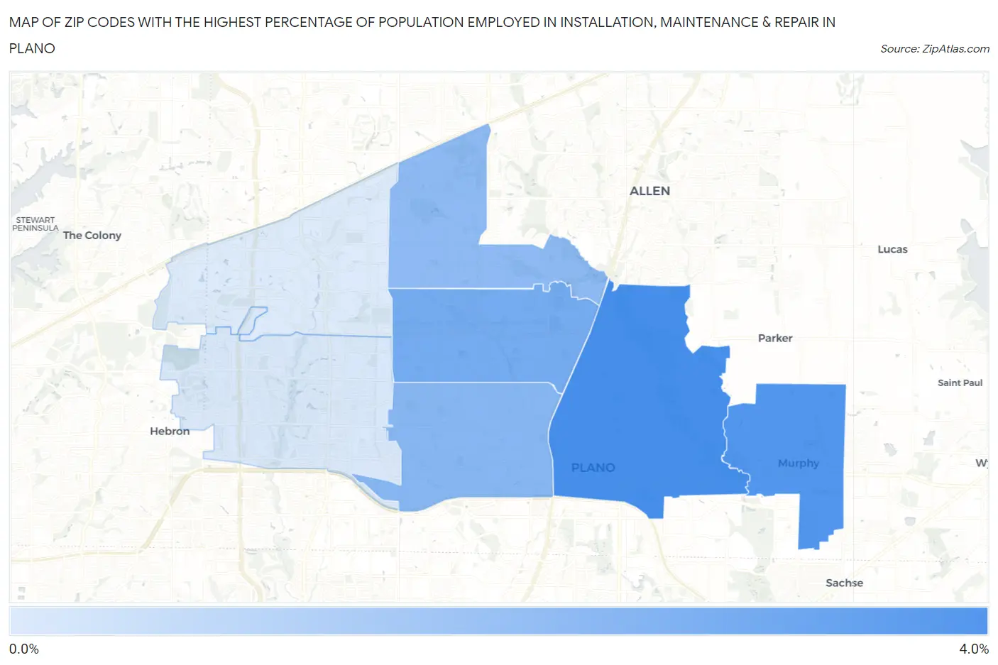 Zip Codes with the Highest Percentage of Population Employed in Installation, Maintenance & Repair in Plano Map