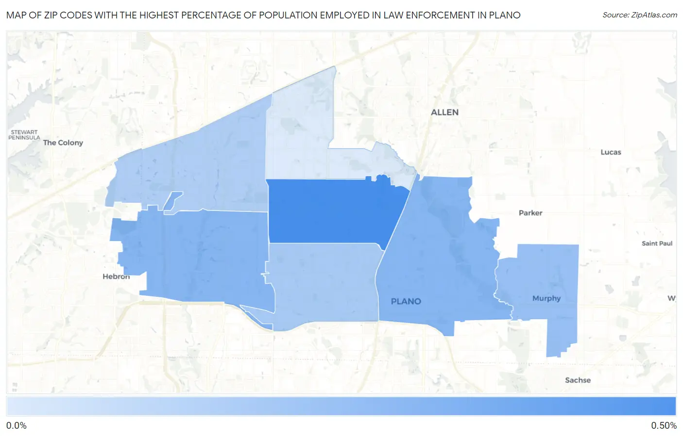 Zip Codes with the Highest Percentage of Population Employed in Law Enforcement in Plano Map