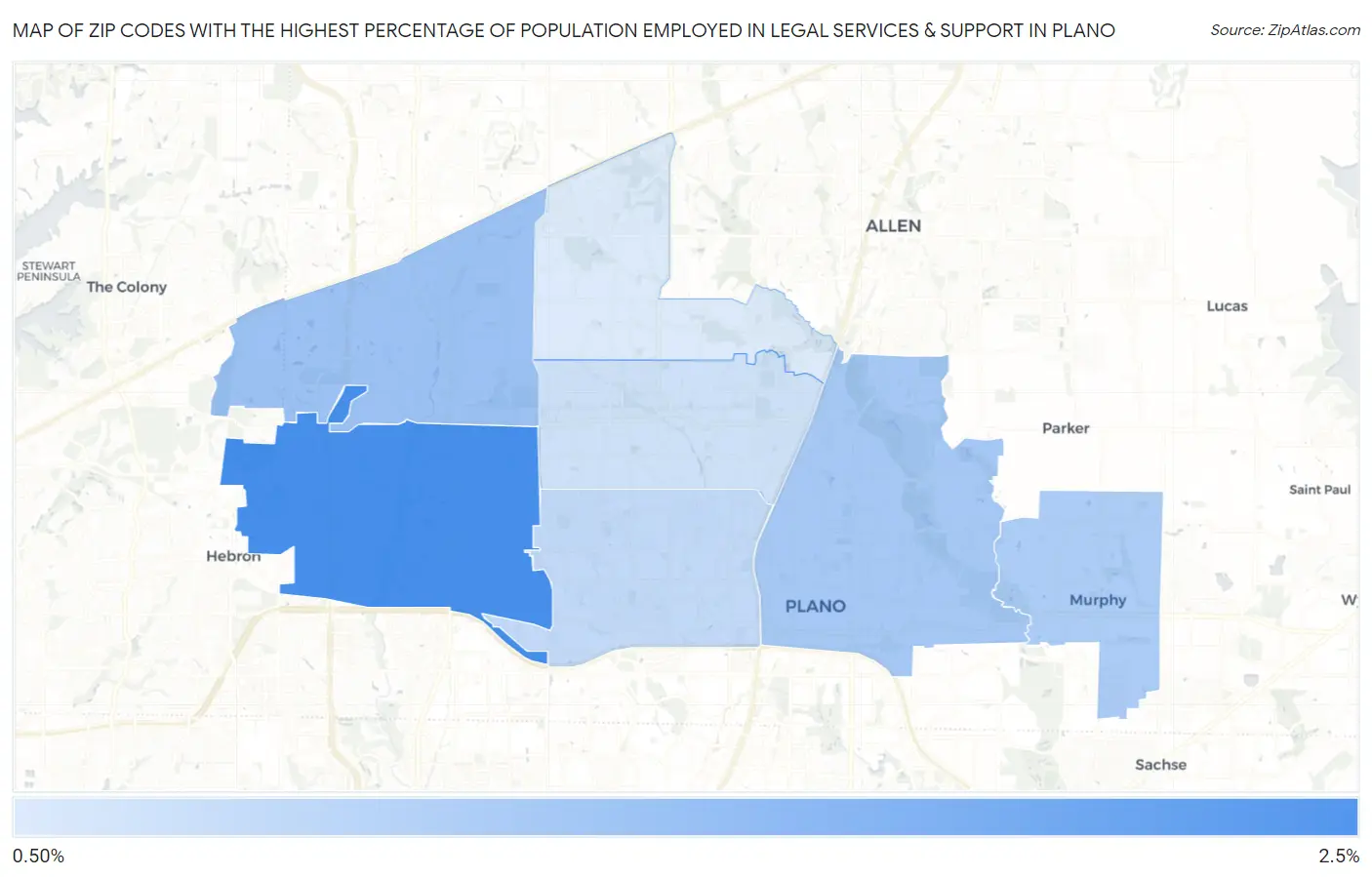 Zip Codes with the Highest Percentage of Population Employed in Legal Services & Support in Plano Map