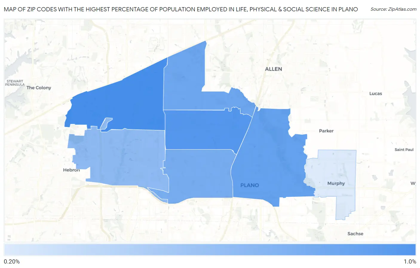 Zip Codes with the Highest Percentage of Population Employed in Life, Physical & Social Science in Plano Map