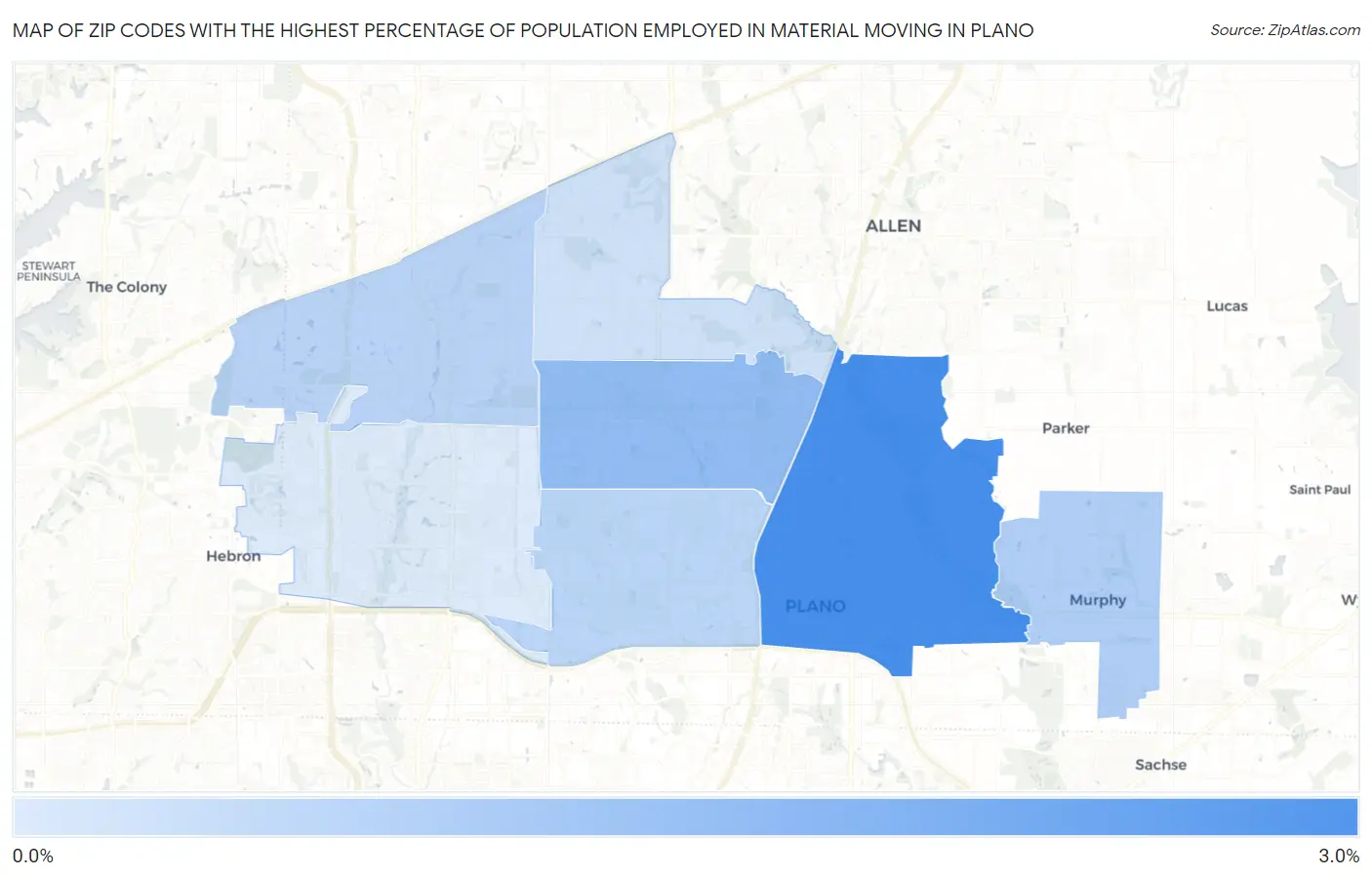 Zip Codes with the Highest Percentage of Population Employed in Material Moving in Plano Map