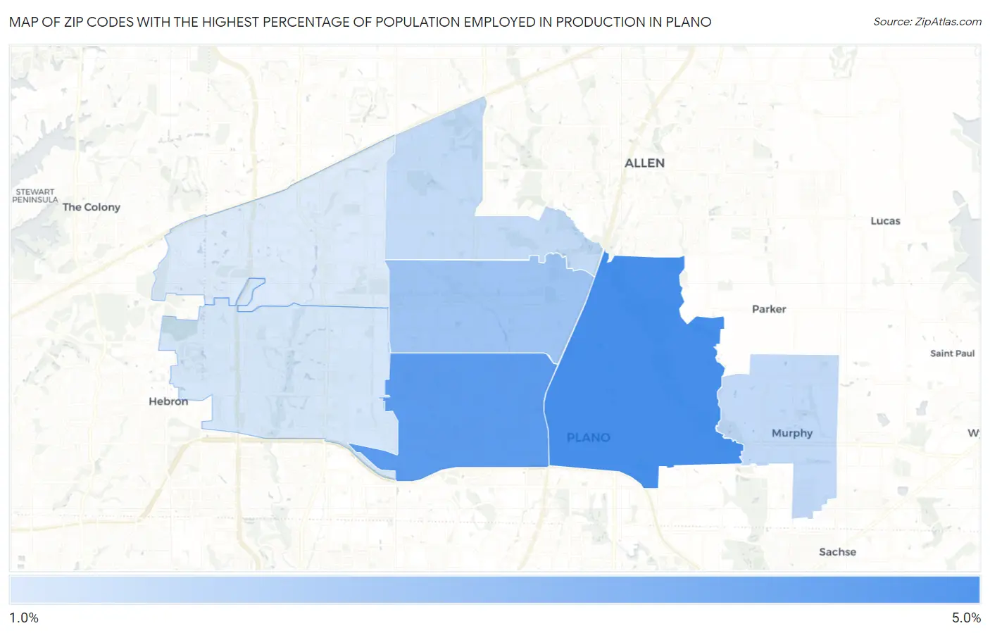 Zip Codes with the Highest Percentage of Population Employed in Production in Plano Map