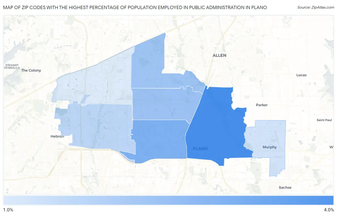 Zip Codes with the Highest Percentage of Population Employed in Public Administration in Plano Map
