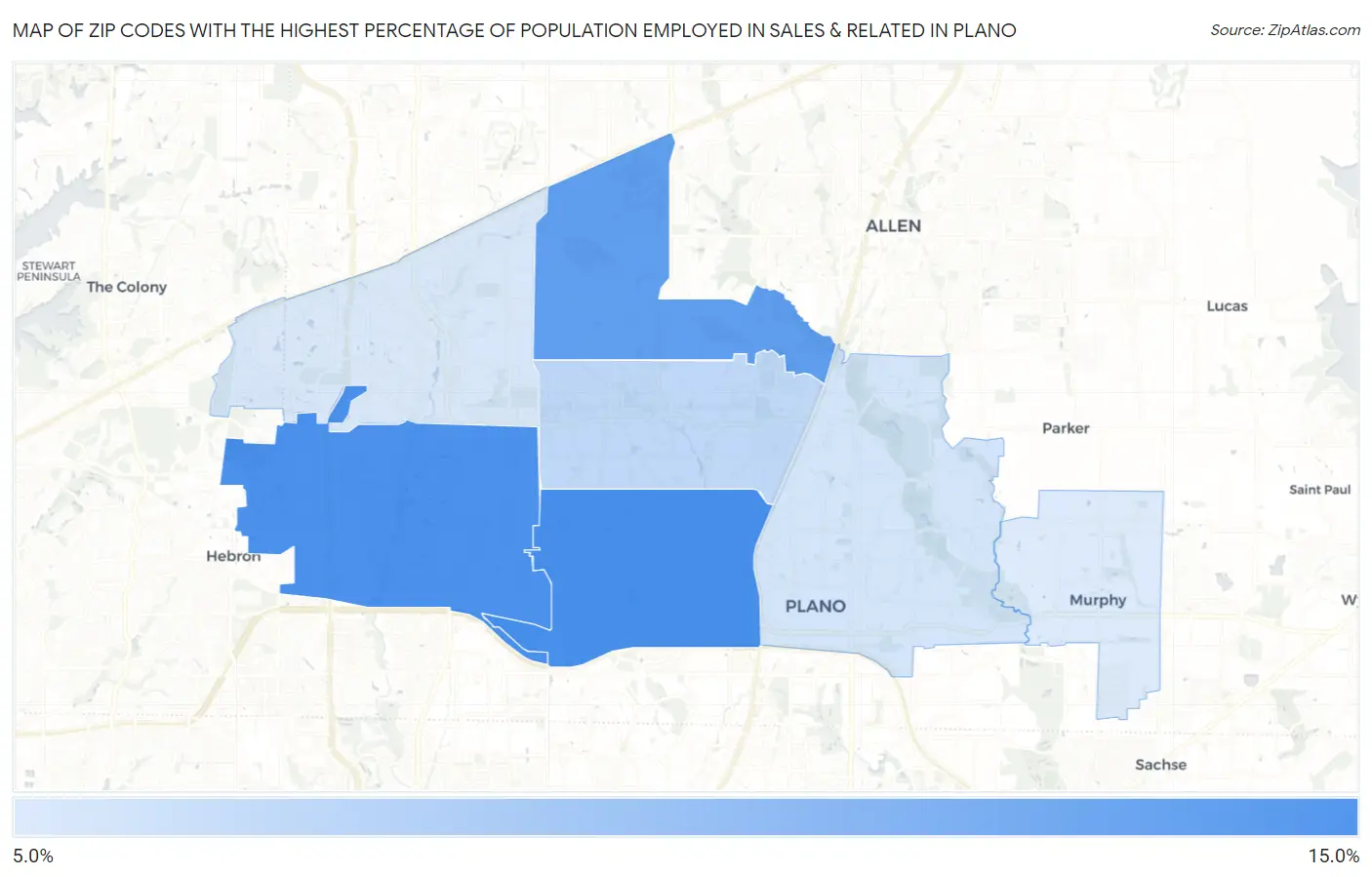 Zip Codes with the Highest Percentage of Population Employed in Sales & Related in Plano Map