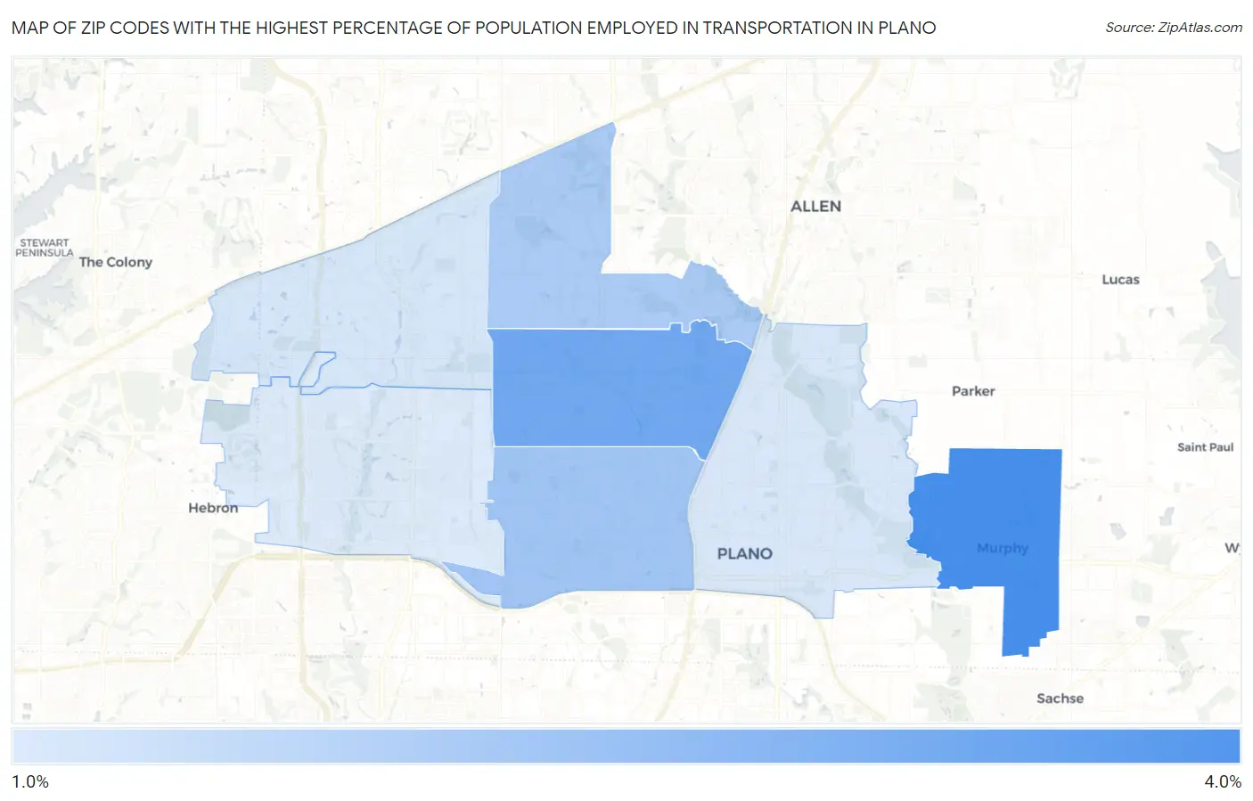 Zip Codes with the Highest Percentage of Population Employed in Transportation in Plano Map