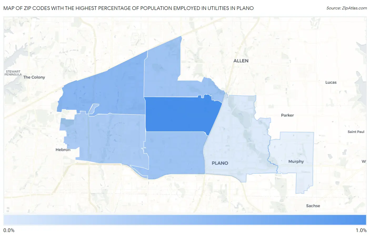 Zip Codes with the Highest Percentage of Population Employed in Utilities in Plano Map