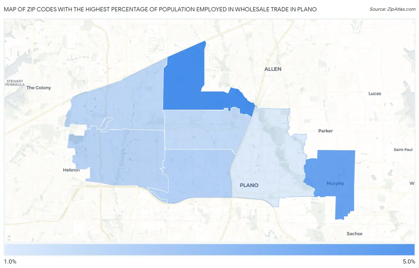Zip Codes with the Highest Percentage of Population Employed in Wholesale Trade in Plano Map