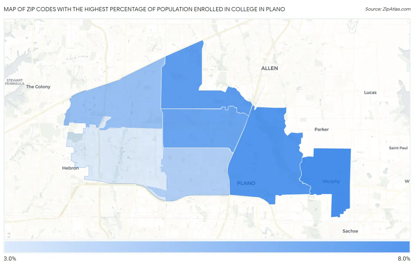 Zip Codes with the Highest Percentage of Population Enrolled in College in Plano Map