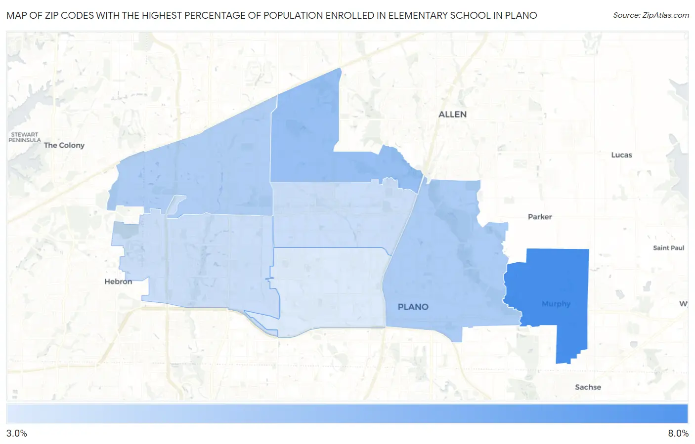 Zip Codes with the Highest Percentage of Population Enrolled in Elementary School in Plano Map