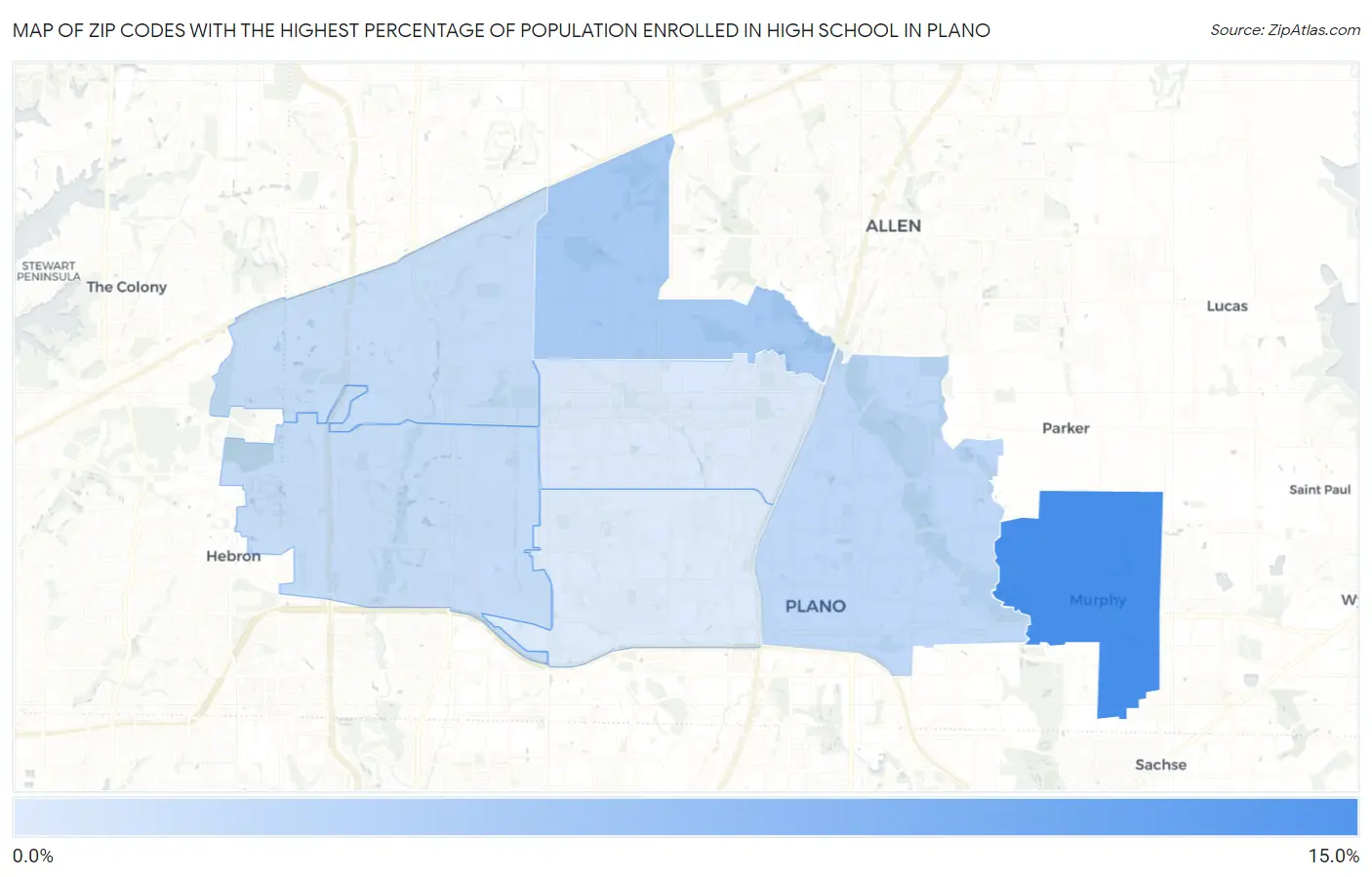 Zip Codes with the Highest Percentage of Population Enrolled in High School in Plano Map