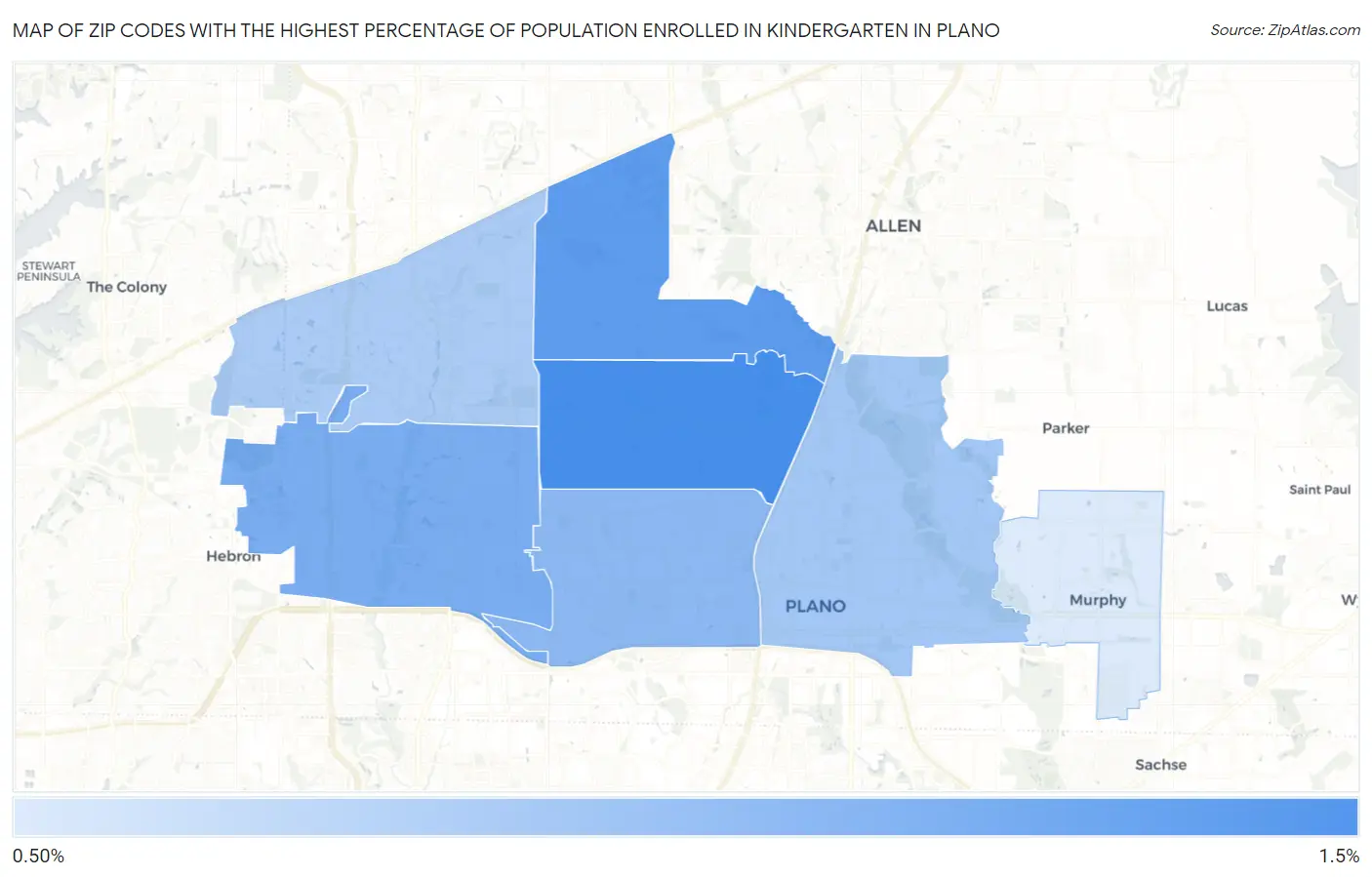 Zip Codes with the Highest Percentage of Population Enrolled in Kindergarten in Plano Map