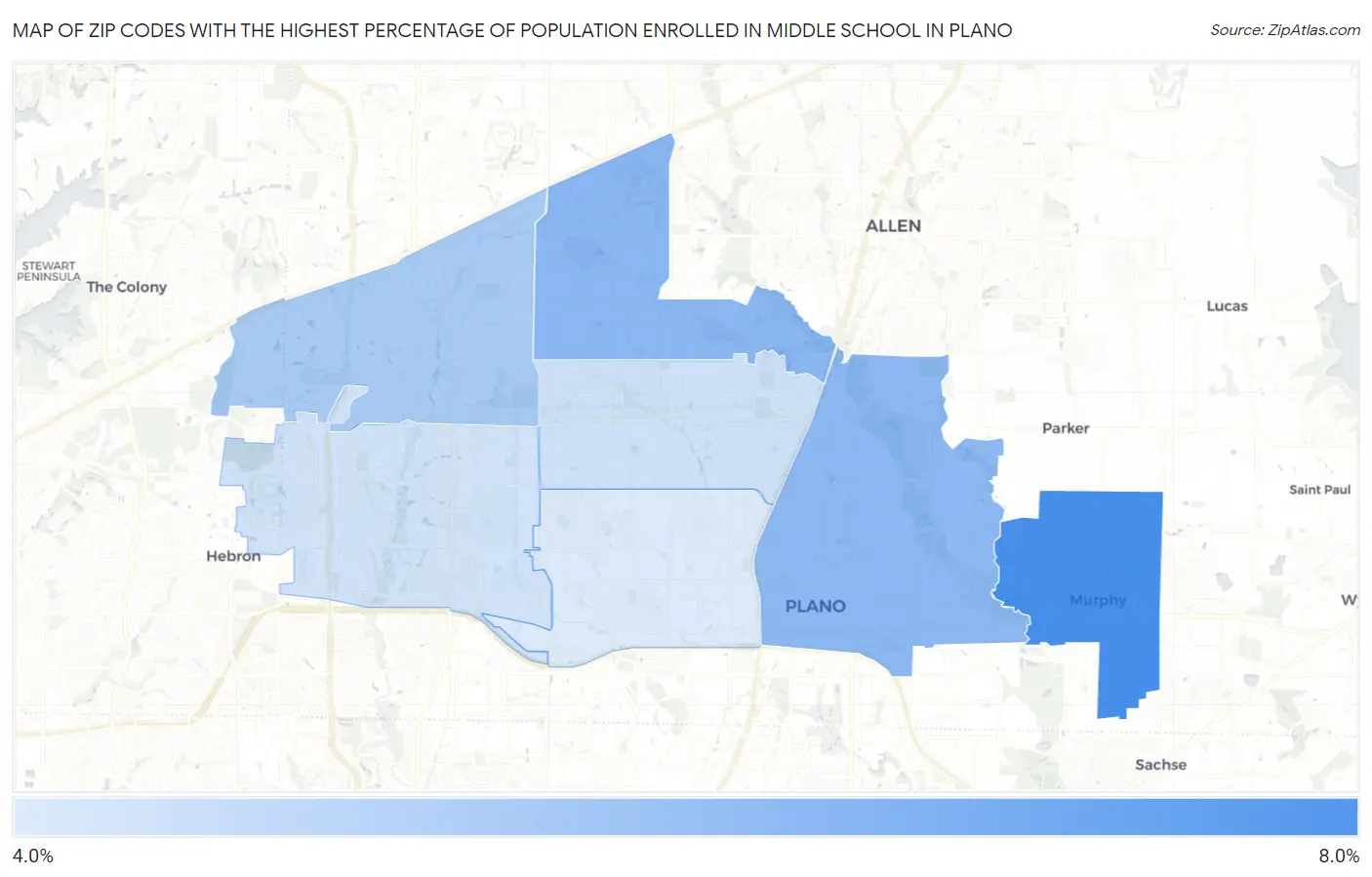Zip Codes with the Highest Percentage of Population Enrolled in Middle School in Plano Map