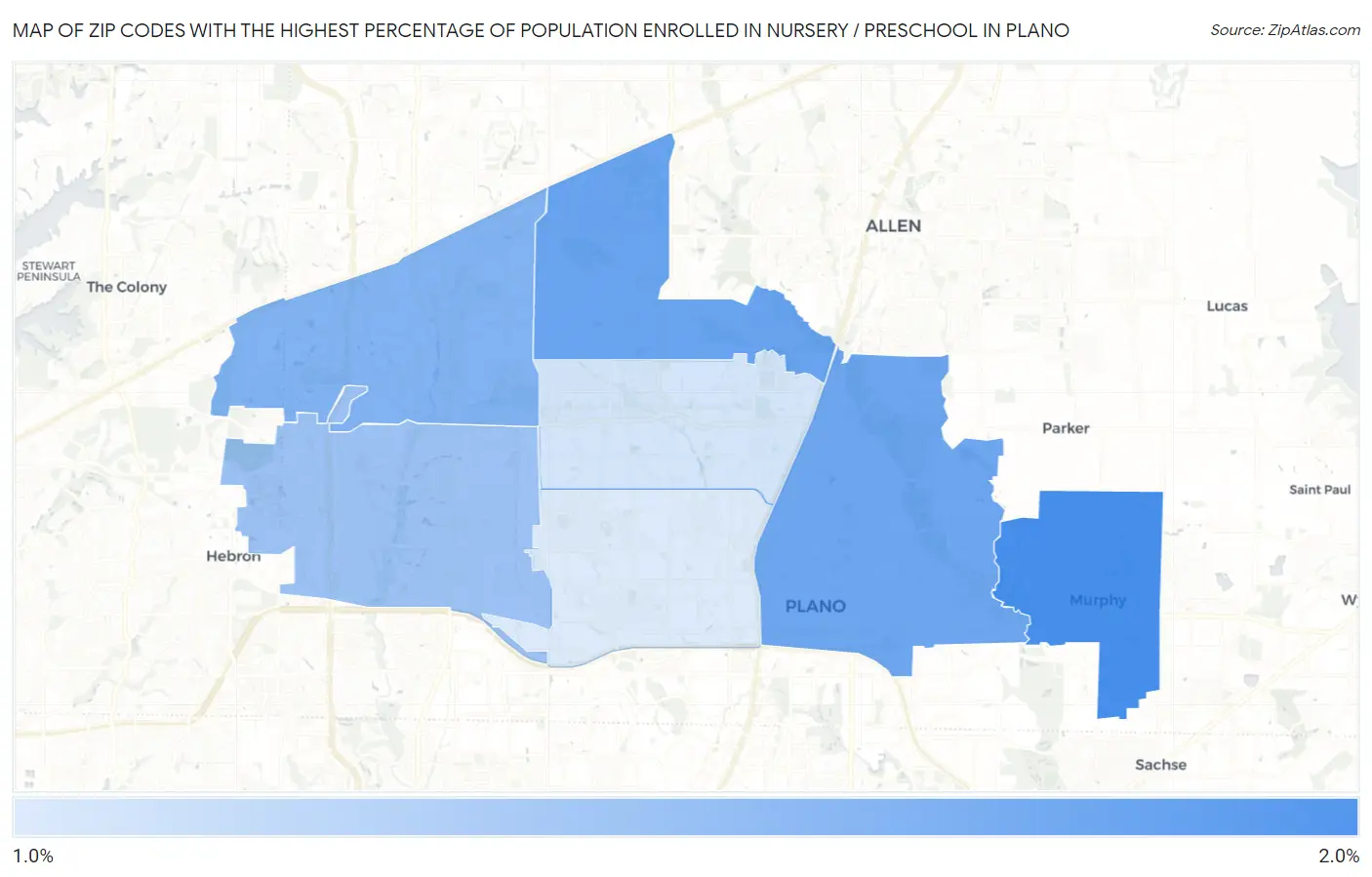 Zip Codes with the Highest Percentage of Population Enrolled in Nursery / Preschool in Plano Map